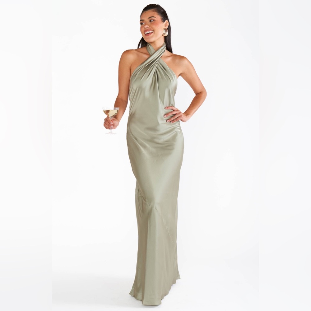 Show me your Mumu Jasmine Halter maxi dress size small, Moss green luxe satin